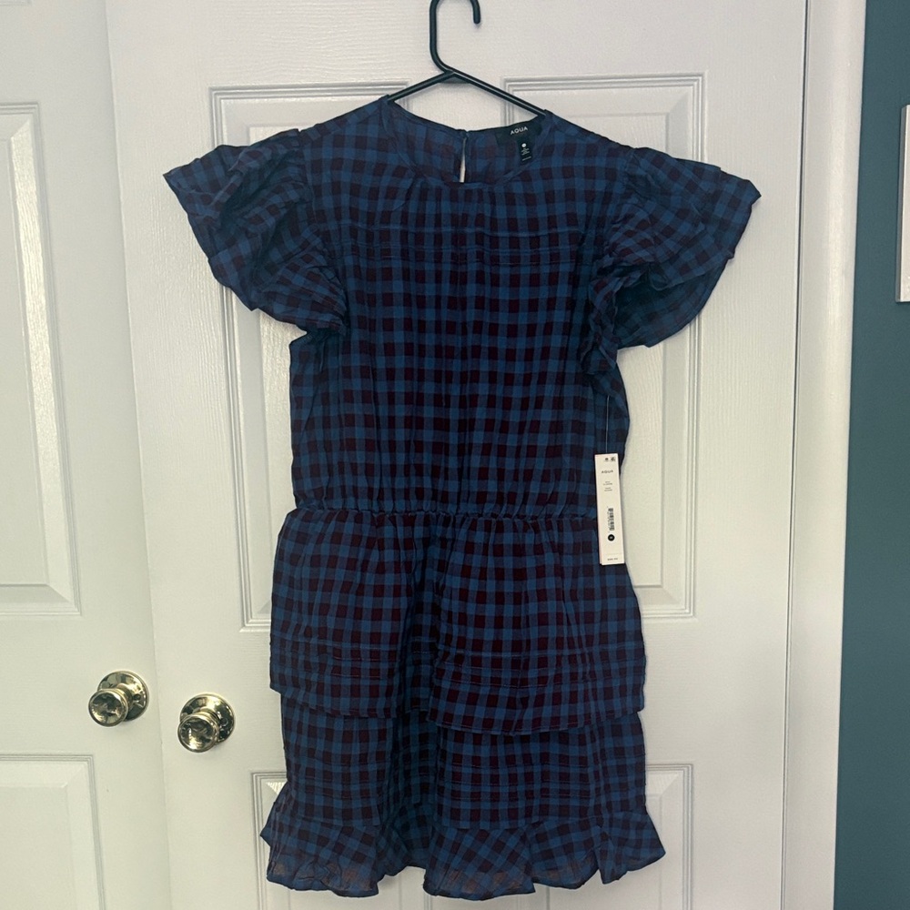 Girls Blue and Black Plaid Ruffle Dress - Aqua-New with tags